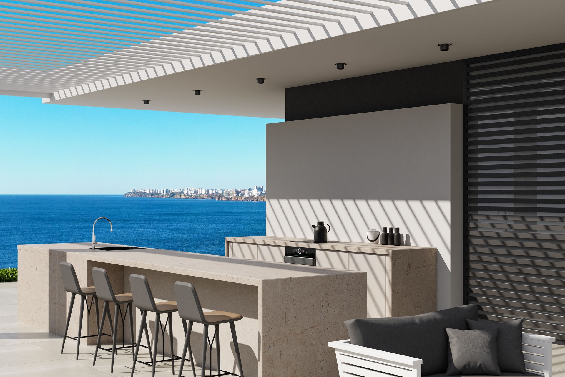 Luxury White Outdoor Kitchen and Patio with Coastal Views in Antalya